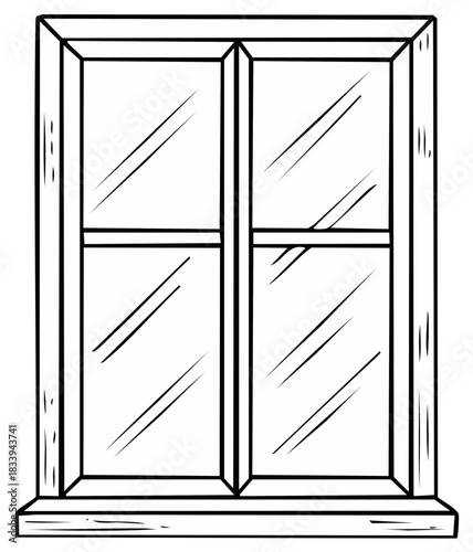 Closed Window Frame Cartoon with Panes and Ledges in Black Outline Vector Art for Creative Home Decor or Building Elements