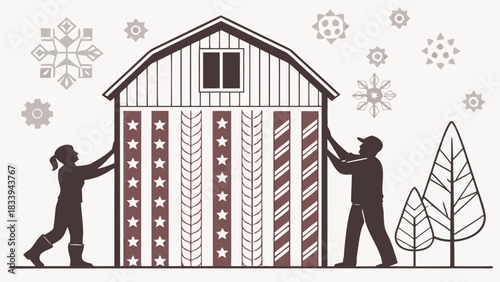 Charming rustic barn decorated for winter by silhouetted figures, perfect for festive holiday season designs