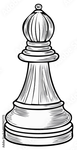 Stylized line drawing of a single black and white chess bishop piece with a distinct mitered top