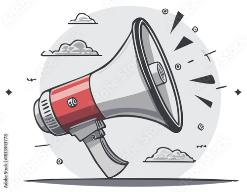 Megaphone Broadcast Announcement Horn Clouds Stylish Vector Illustration