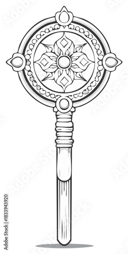 Ornate ceremonial staff with circular Dharma Wheel inspired spiritual design