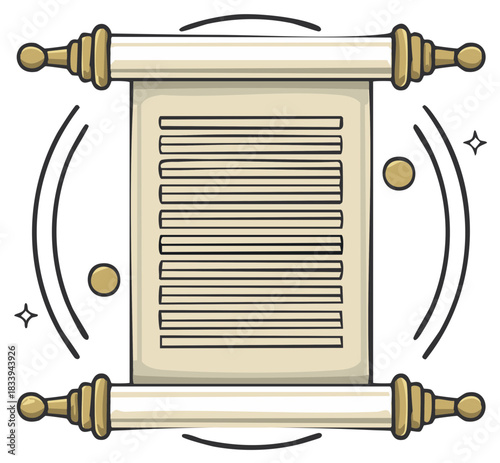 Ancient parchment scroll with wooden handles and magical sparkles cartoon vector illustration