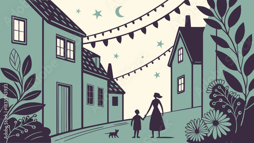 Charming evening stroll through quaint village with family under starry sky, vector illustration evoking nostalgia