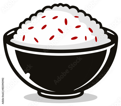 Stylized Bowl of White Rice with Red Grains and Black Border