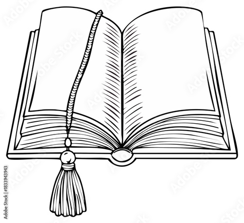 Open book with blank pages and a detailed decorative tassel bookmark line art illustration
