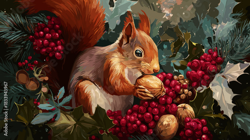 squirrel with nuts christmas vector fantasy illustration