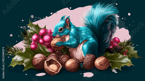 squirrel with nuts christmas vector fantasy illustration