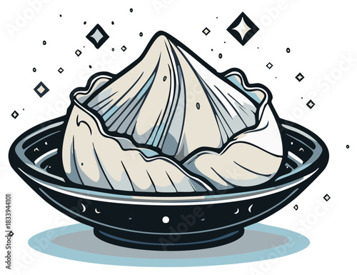 Stylized illustration of a steaming dim sum dumpling in a traditional serving bowl