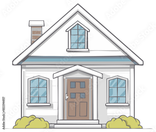 Charming White House Exterior with Gable Roof Dormer Windows and Front Door