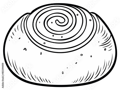 Hand-drawn line art illustration of a sweet swirl bun with sprinkles.