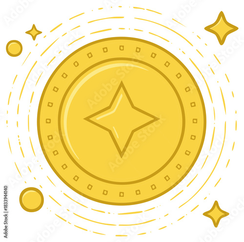 Shiny gold coin illustration with star symbol for game currency, prize, or award