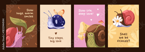 Greeting cards designs set with kawaii snails. Postcards with cute slugs characters and comic phrases of wishes. Templates with funny slimes, gastropods with shell houses. Flat vector illustrations