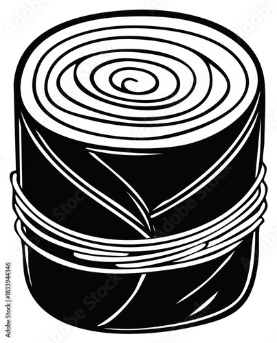 Tightly rolled cylindrical object wrapped with cord monochrome illustration