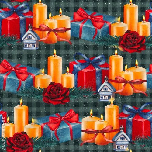 Hand drawn seamless pattern with gifts, candles. Watercolor illustration.