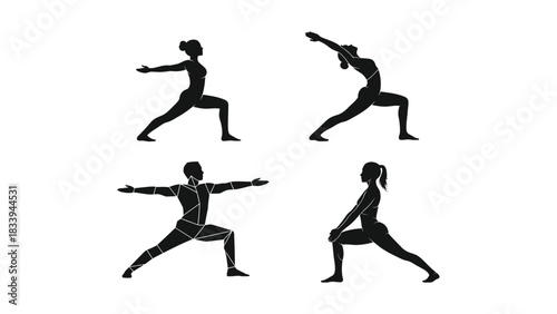 Silhouettes of people in yoga and fitness poses, demonstrating health, wellness and physical exercise