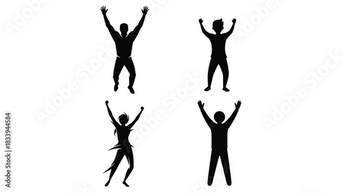 Diverse group of four black silhouettes depicting individuals with arms raised in a gesture of triumph, happiness, or energetic activity