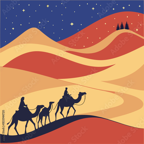 Camels caravan in desert at night