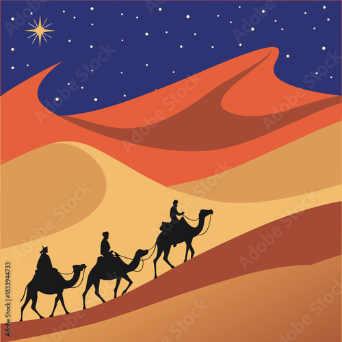 Camel caravan in desert at night