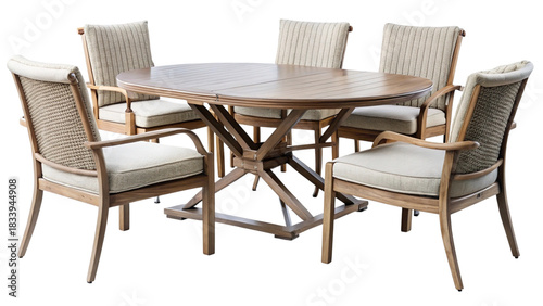 Stylish contemporary wooden dining table and six wicker chairs.