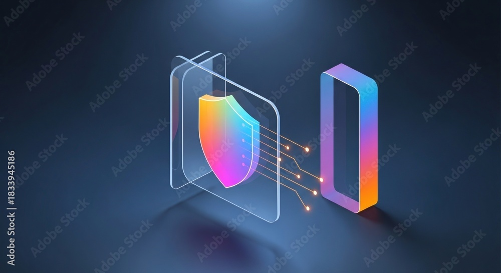 Fototapeta premium Futuristic digital shield with colorful data flow on dark background