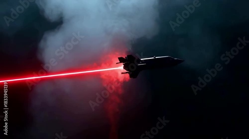 High-speed aircraft firing a bright red laser through dark atmospheric smoke as it moves across the sky with intense power and dramatic lighting