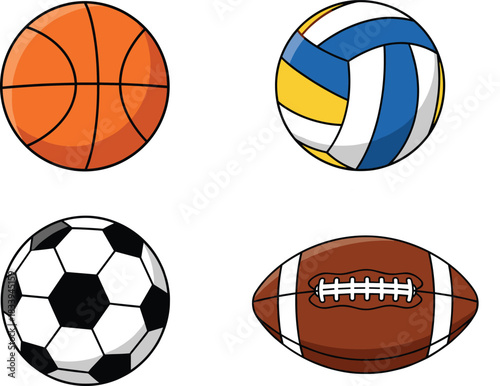 PrintSet of Four Cartoon Sports Balls Vector Illustrations, Featuring Basketball, Volleyball, Soccer Ball, and American Football for Games and Recreational Concepts.