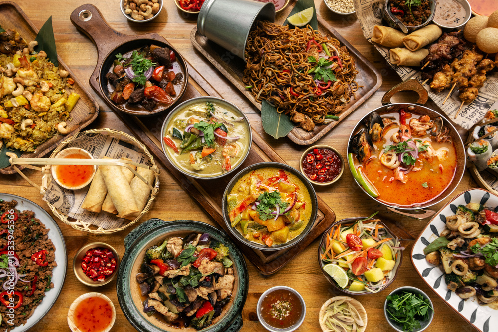 Fototapeta premium many different thai food dishes on table in modern restaurant in bangkok thailand