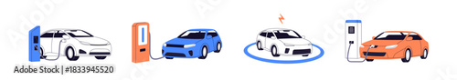 Electric cars are on charging station set. Modern electro automobiles are parking on charger. Autos recharge with energy with plug and wireless. Flat isolated vector illustrations on white background