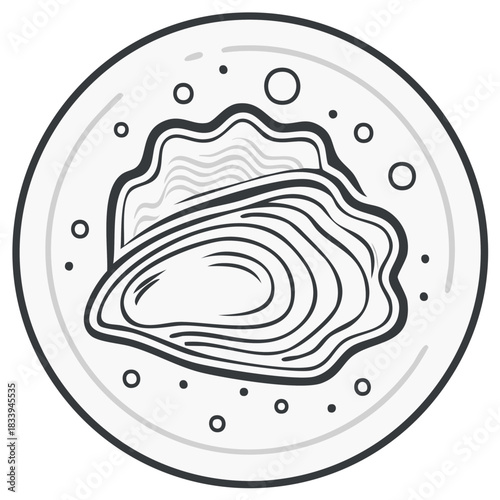 Stylized line art illustration of a single oyster on a round plate with simple dots and circles