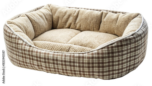 Comfortable brown and cream plaid dog bed with soft cushion