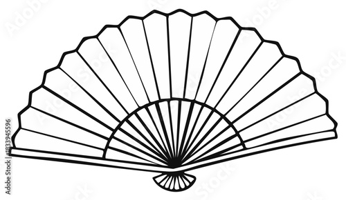 Elegant Traditional Hand Fan Open Design in Black and White Line Art
