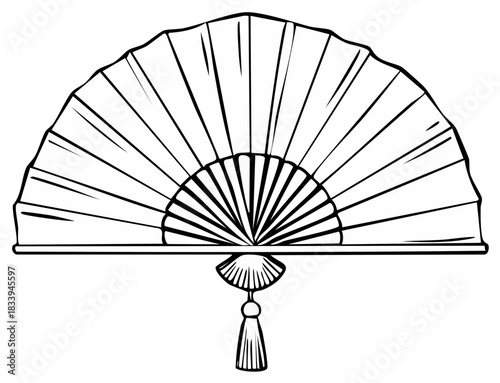 Elegant open fan illustration with traditional tassel, refined cultural symbol in outline drawing suitable for backgrounds and patterns