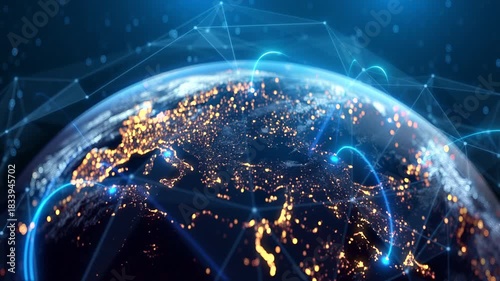 Global Connection Lines. Network Data Transfer Over Earth. Futuristic AI Technology, 5G, Satellite Communication, Internet Connectivity, Big Data, Digital World Background Animation. Crypto Exchange
