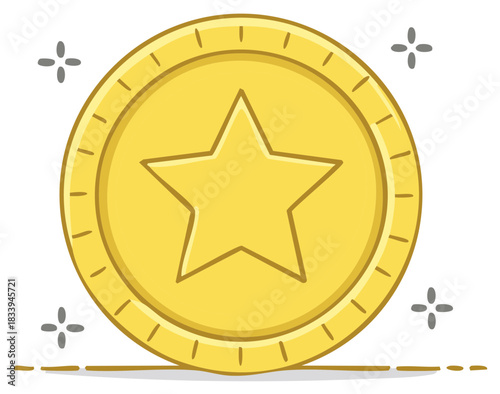 Golden Star Coin Cartoon Style Illustration, Reward Token with Sparkles
