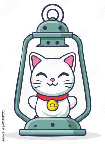Cute Maneki neko lucky cat smiling inside a vintage oil lantern cartoon illustration