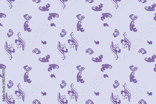 A playful, abstract pattern featuring simple doodle paisley shapes and sketches on a light lilac background, ideal for modern graphic design and children's products.