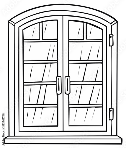 Antique display cabinet with arched top and glass doors, line art illustration