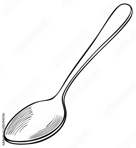 Elegant hand-drawn spoon illustration with a smooth, curved handle and oval bowl etched with fine lines