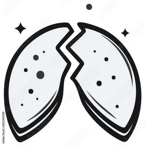 Two broken halves of sphere with zigzag edges and black dots, separated with sparks and one dot above