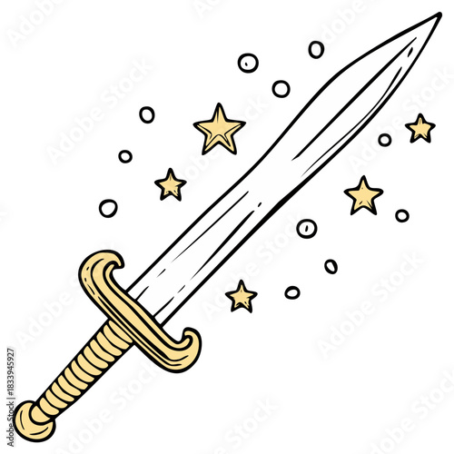 Whimsical legendary sword illustration with a golden hilt and enchanting magical aura
