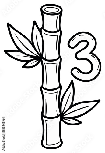 Black and white drawing of a bamboo stalk with three leaves and the number three