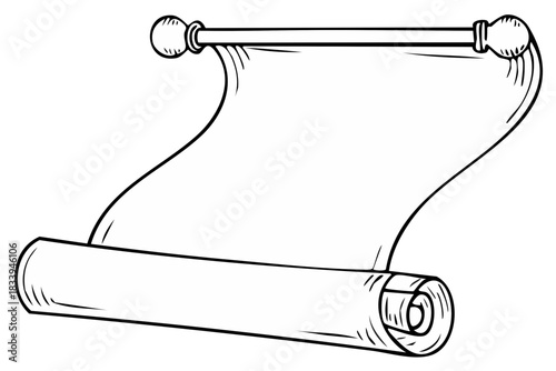 Vintage Blank Scroll Unfurling Old Parchment Document Line Art Illustration for Text or Message