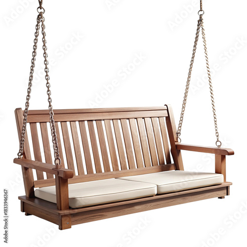 Wooden outdoor porch swing bench with comfy cream cushions.