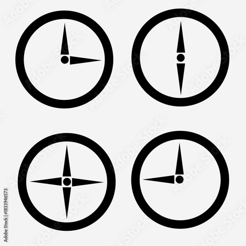 a set of four black and white circular icons showing two clocks displaying different times and two compass like navigational symbols