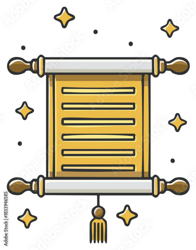 Golden magic scroll with ancient message and sparkles, fantasy vector illustration