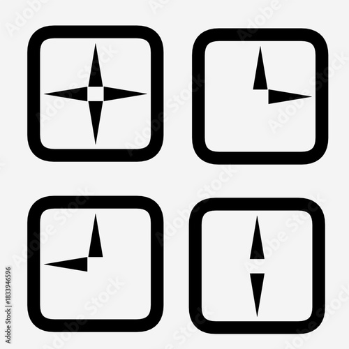 a set of four black and white icons in rounded squares, depicting various orientations of a compass rose or clock hands, suggesting navigation, time, or direction