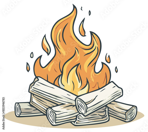 Stylized cartoon campfire illustration with blazing orange flames and stacked firewood logs