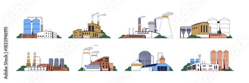 Factories and power stations set. Building of heavy industry plants with exhaust smoke from chimney. Different productions and manufacturing. Flat isolated vector illustrations on white background