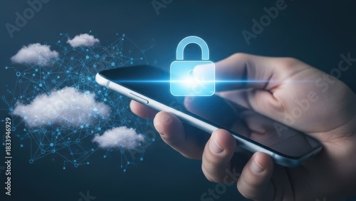 Secure cloud connectivity through mobile device protection and digital lock symbol