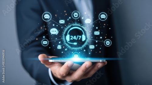Businessman holding smartphone displaying a glowing 24 7 customer support network interface